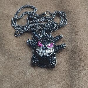 Black Iced Gengar Pendant Stainless Steel Rope Chain 24" Purple Eyes Bling Neckl